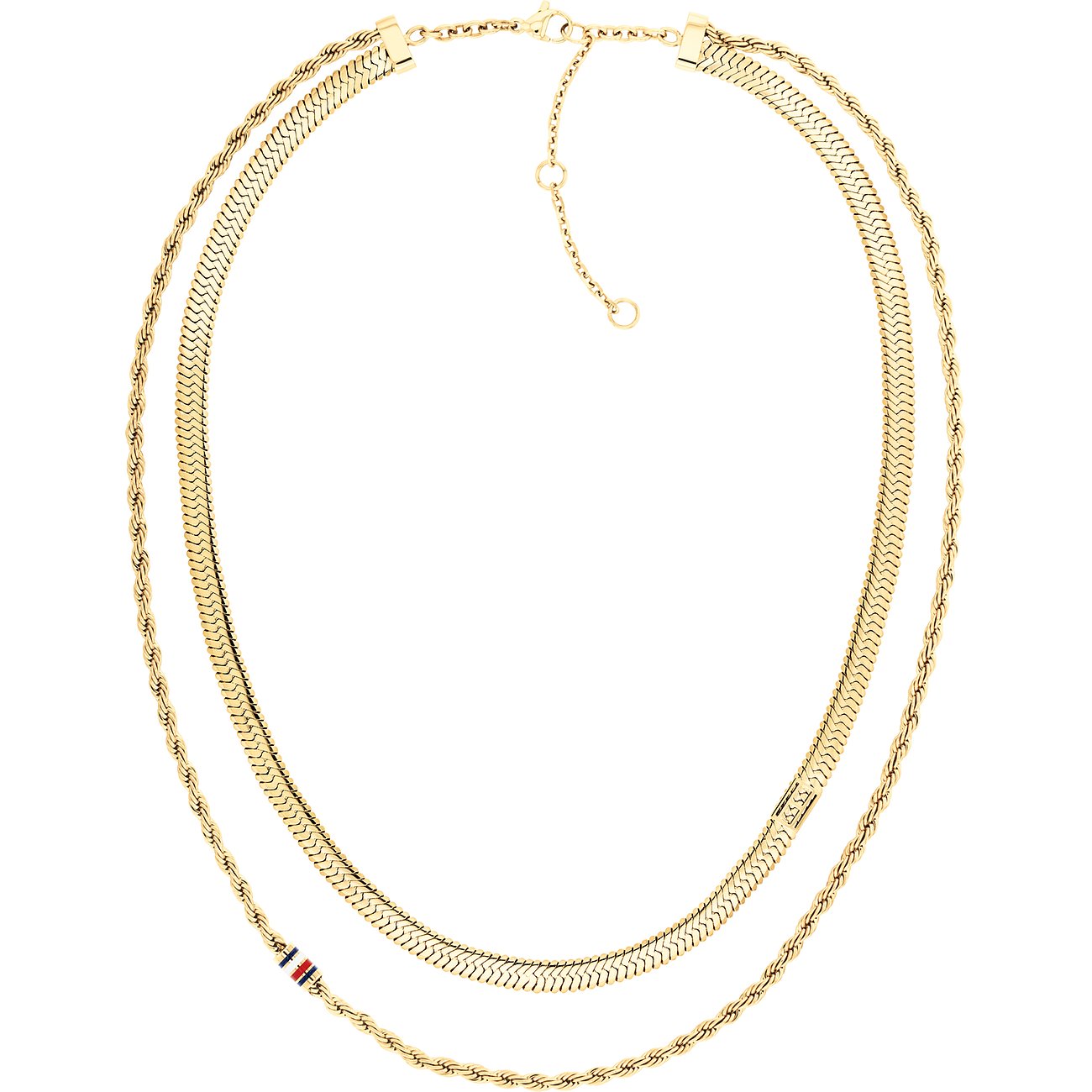 Tommy Hilfiger Halsschmuck aus goldfarbenem Edelstahl mit zwei Ketten: eine Schlangenkette und eine Kordelkette.