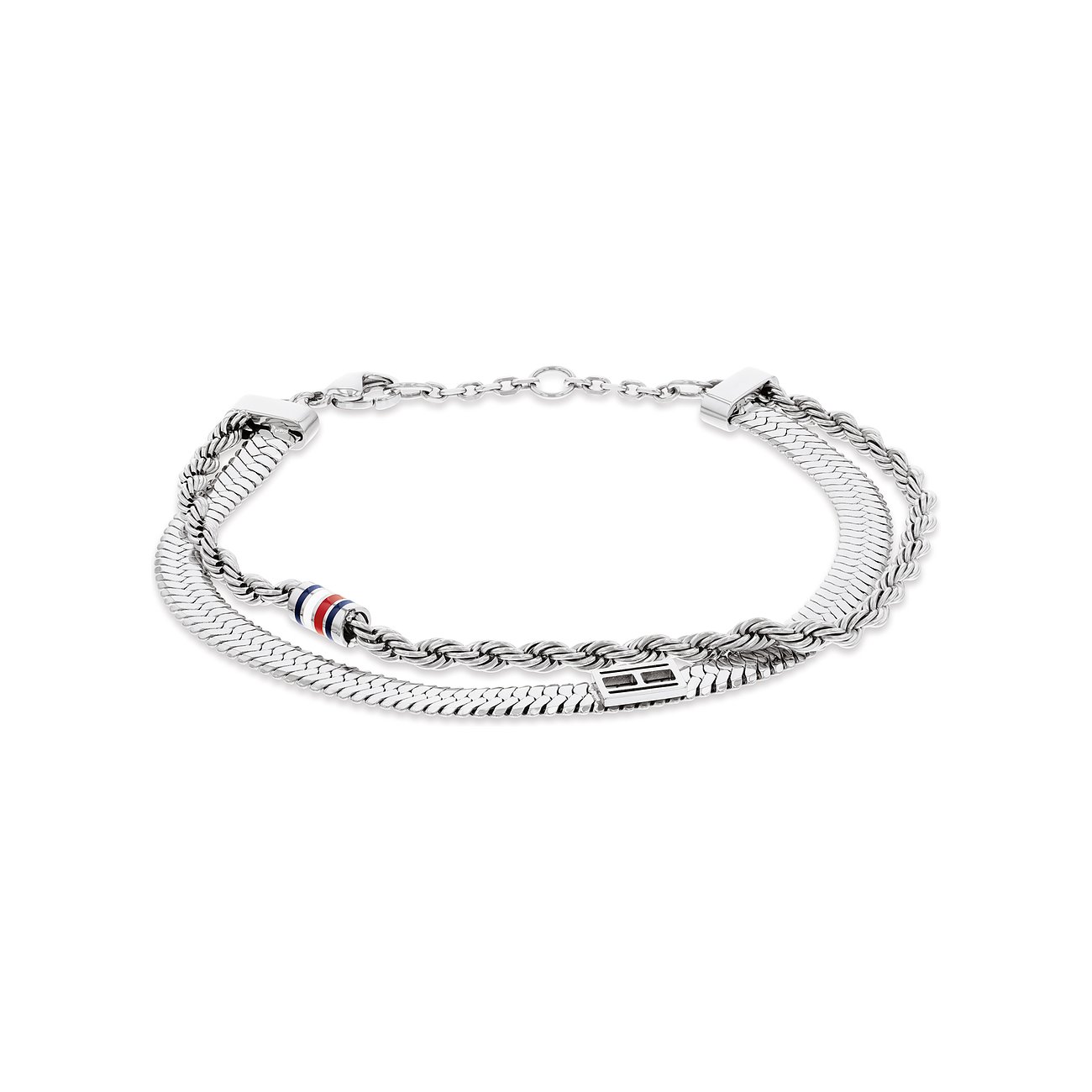 Tommy Hilfiger Herren-Armband aus Edelstahl, bestehend aus zwei Ketten mit einem gestreiften roten, weißen und blauen Detail.