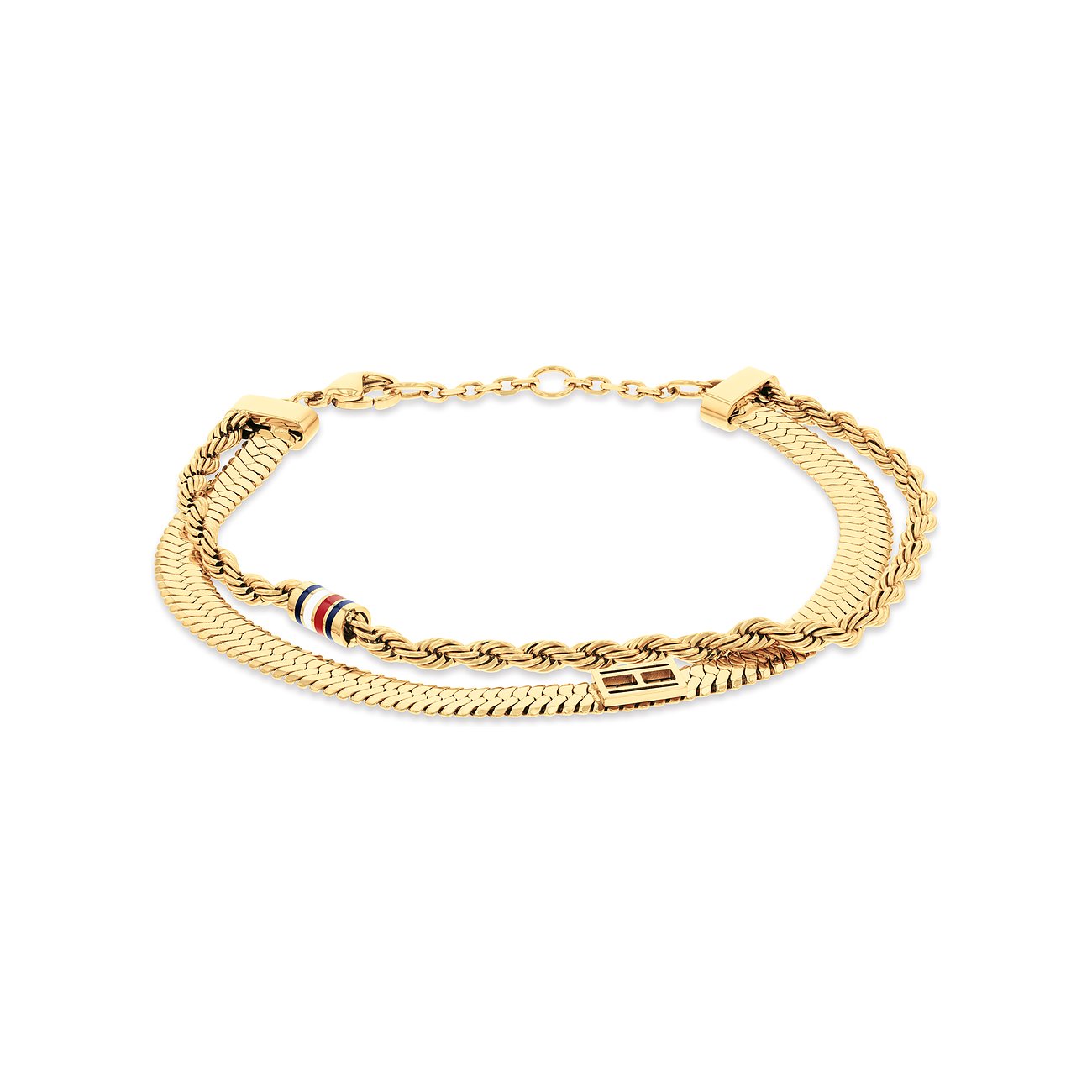 Tommy Hilfiger goldenes Armband aus Edelstahl mit drei Kettensträngen, darunter eine Kobra-Kette und eine Seilkette.