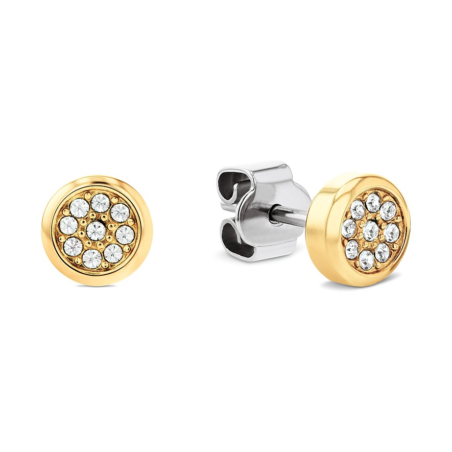 Zwei Tommy Hilfiger Ohrstecker aus goldfarbenem Edelstahl mit neun funkelnden klaren Schmucksteinen in der Mitte.
