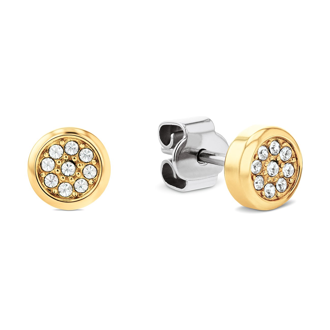 Zwei Tommy Hilfiger Ohrstecker aus goldfarbenem Edelstahl mit neun funkelnden klaren Schmucksteinen in der Mitte.
