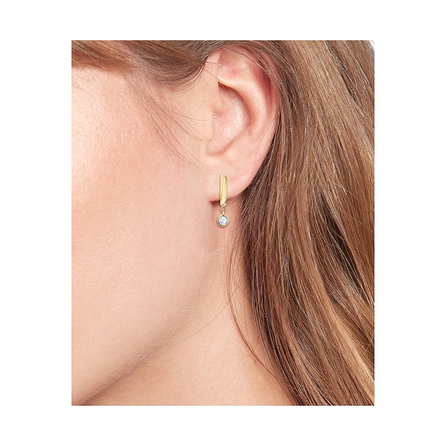 Tommy Hilfiger Ohrschmuck aus gelb vergoldetem Edelstahl mit hängendem, klarem Schmuckstein.