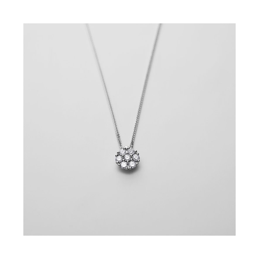 CHRIST Halsschmuck aus 585er Weißgold mit einem runden Anhänger, besetzt mit Diamanten in Blumenform.