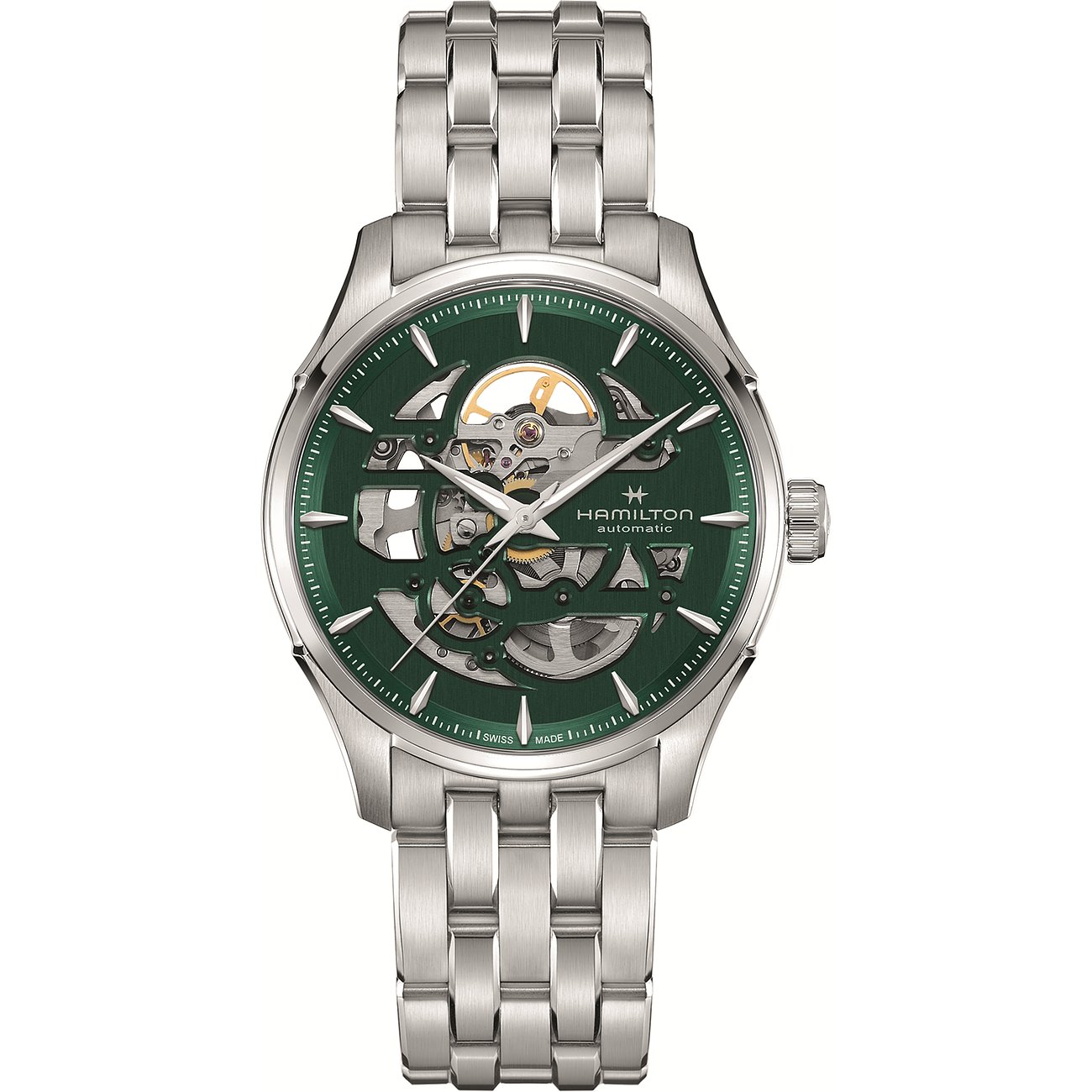 Hamilton Herrenuhr aus Edelstahl mit grünem Zifferblatt und skelettiertem Design, frontal aufgenommen.