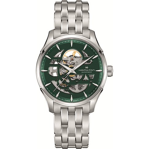 Hamilton Herrenuhr aus Edelstahl mit grünem Zifferblatt und skelettiertem Design, frontal aufgenommen.