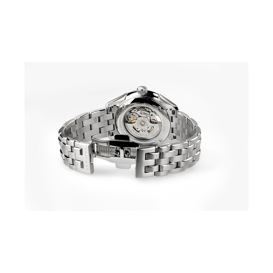Rückseite einer Hamilton Herrenuhr aus Edelstahl mit offenem Gehäuseboden, der das Uhrwerk sichtbar macht.