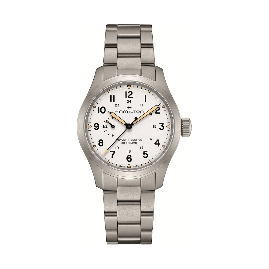 Hamilton Herrenuhr aus Edelstahl mit weißem Zifferblatt und silbernem Gliederarmband in Frontansicht.