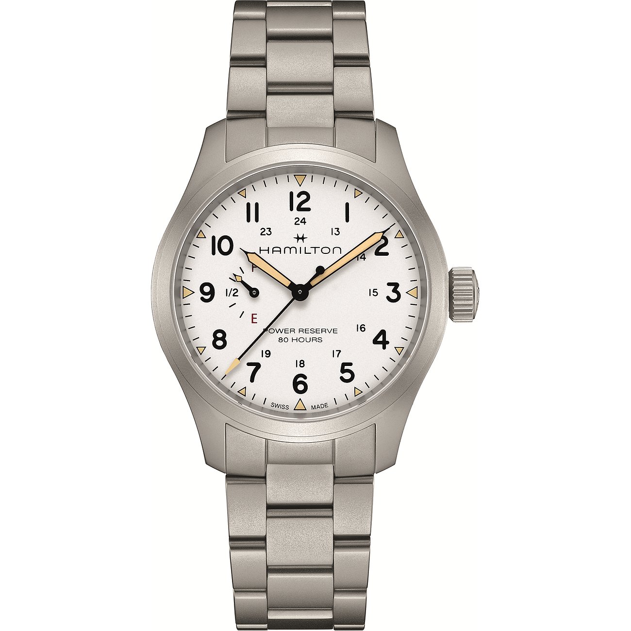 Hamilton Herrenuhr aus Edelstahl mit weißem Zifferblatt und silbernem Gliederarmband in Frontansicht.