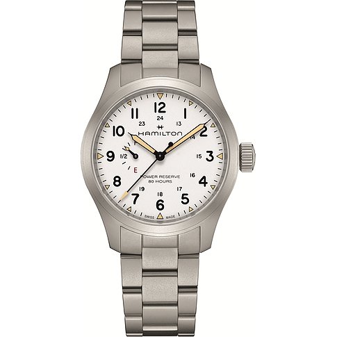 Hamilton Herrenuhr aus Edelstahl mit weißem Zifferblatt und silbernem Gliederarmband in Frontansicht.