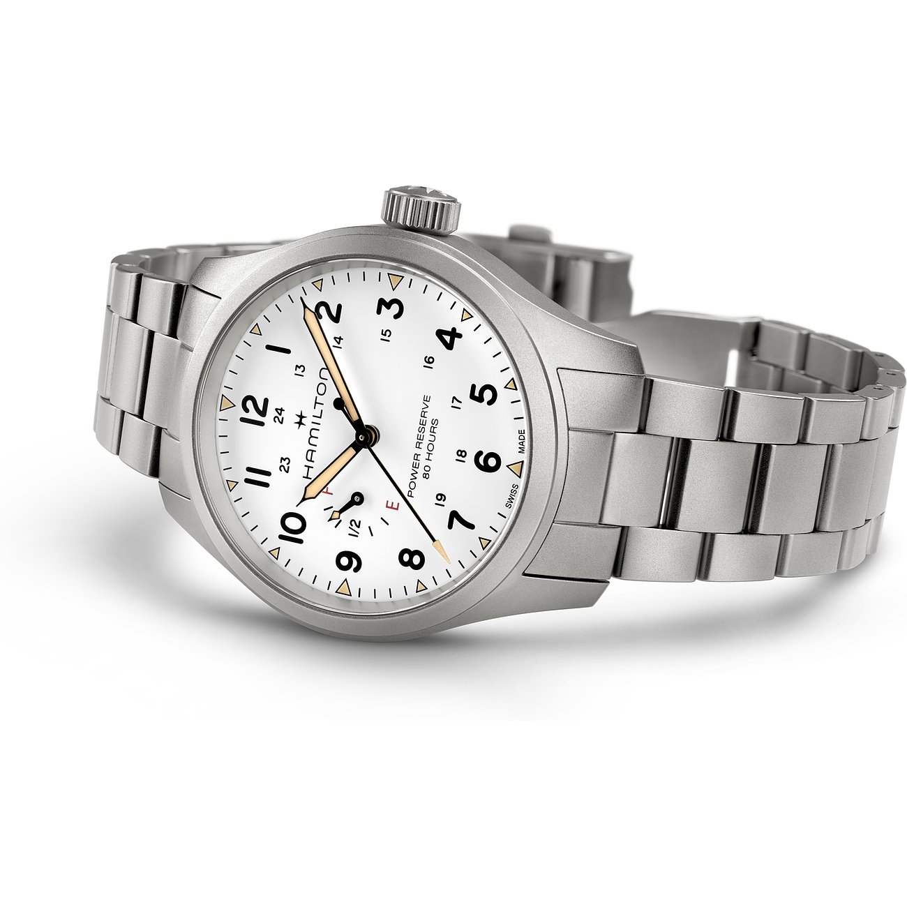 Hamilton Herrenuhr aus Edelstahl mit weißem Zifferblatt und silberfarbenem Gliederarmband, schräg von oben.