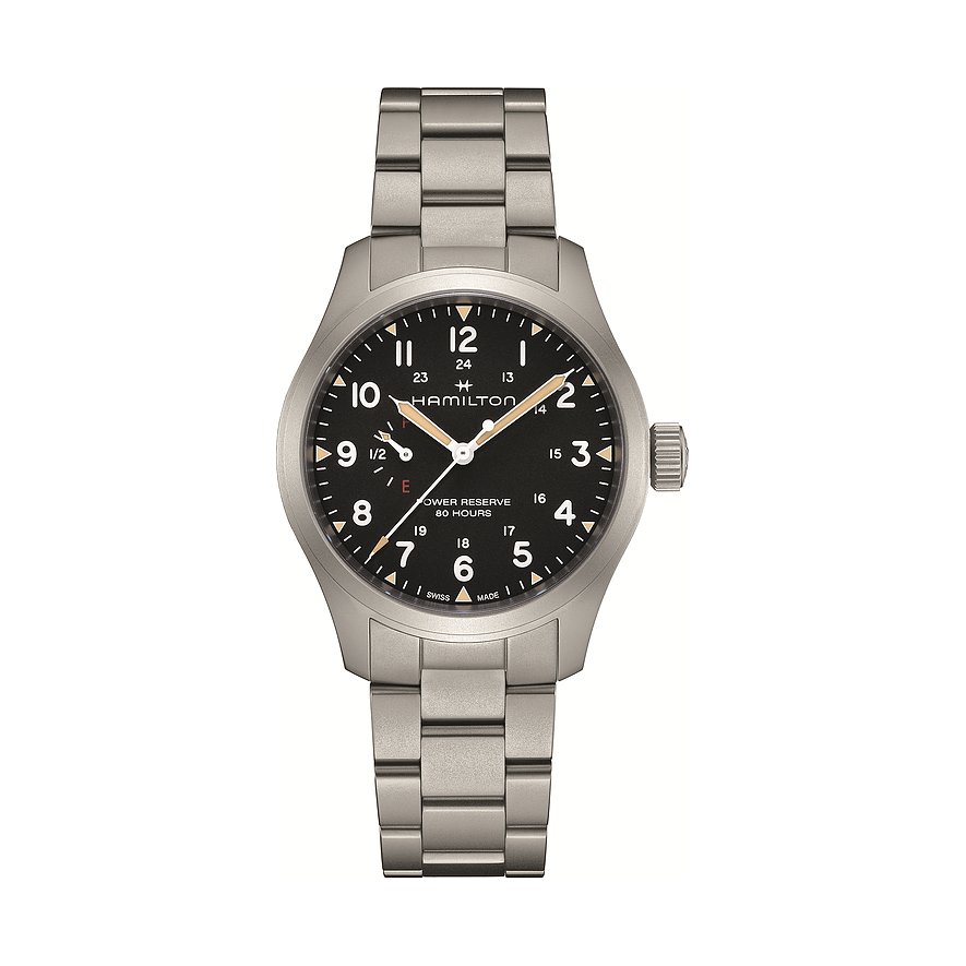 Hamilton Herrenuhr aus Edelstahl mit dunklem Zifferblatt, mit silberfarbenem Armband und Gehäuse.