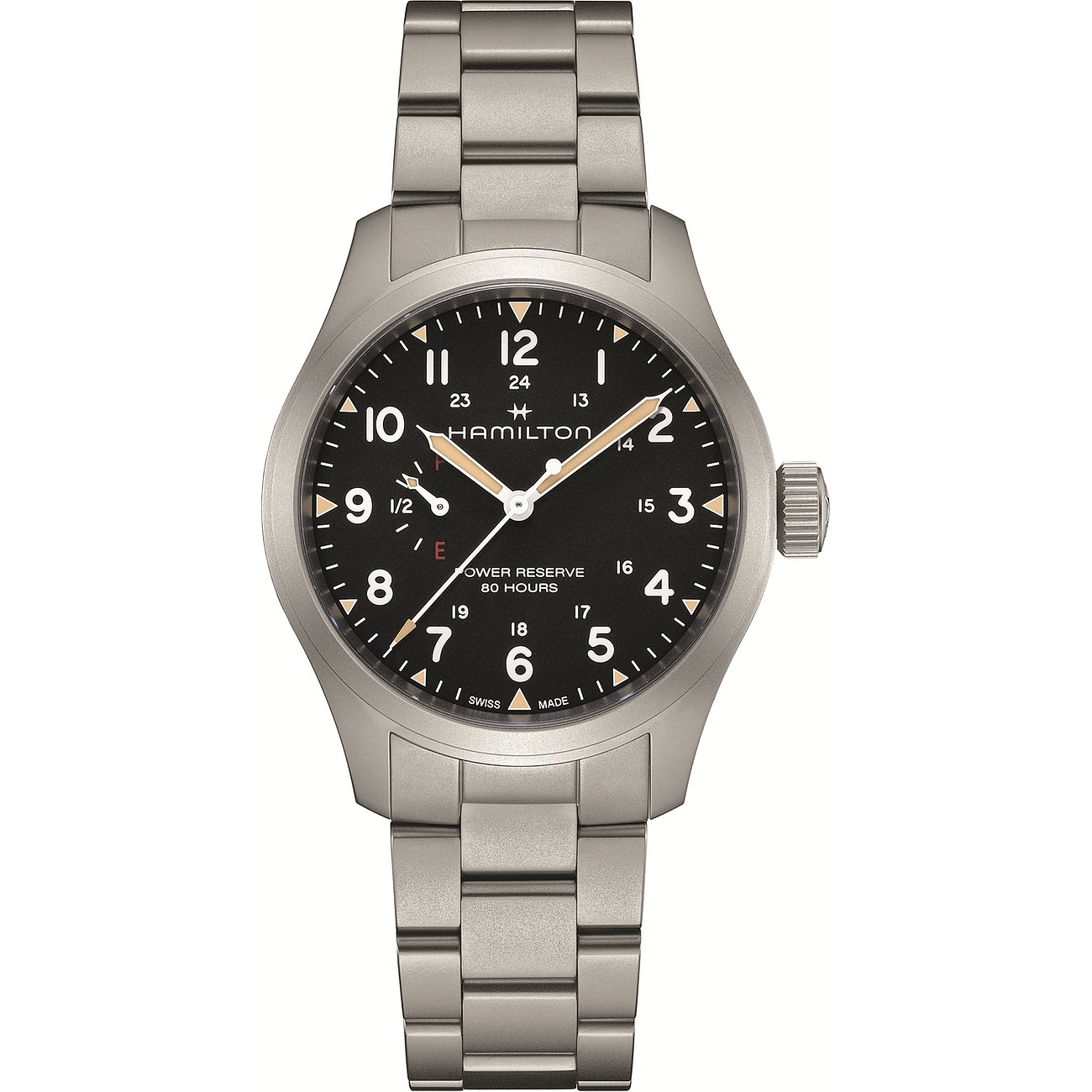 Hamilton Herrenuhr aus Edelstahl mit dunklem Zifferblatt, mit silberfarbenem Armband und Gehäuse.