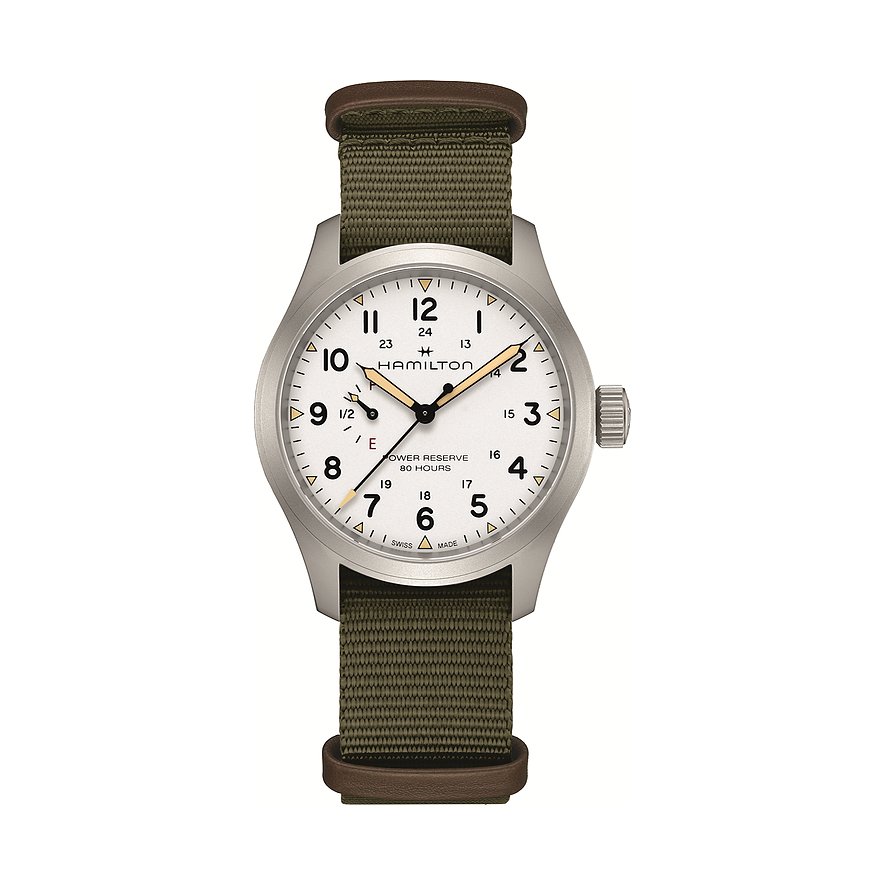 Hamilton Herrenuhr aus Edelstahl mit weißem Zifferblatt und olivgrünem Textilarmband, Vorderansicht.