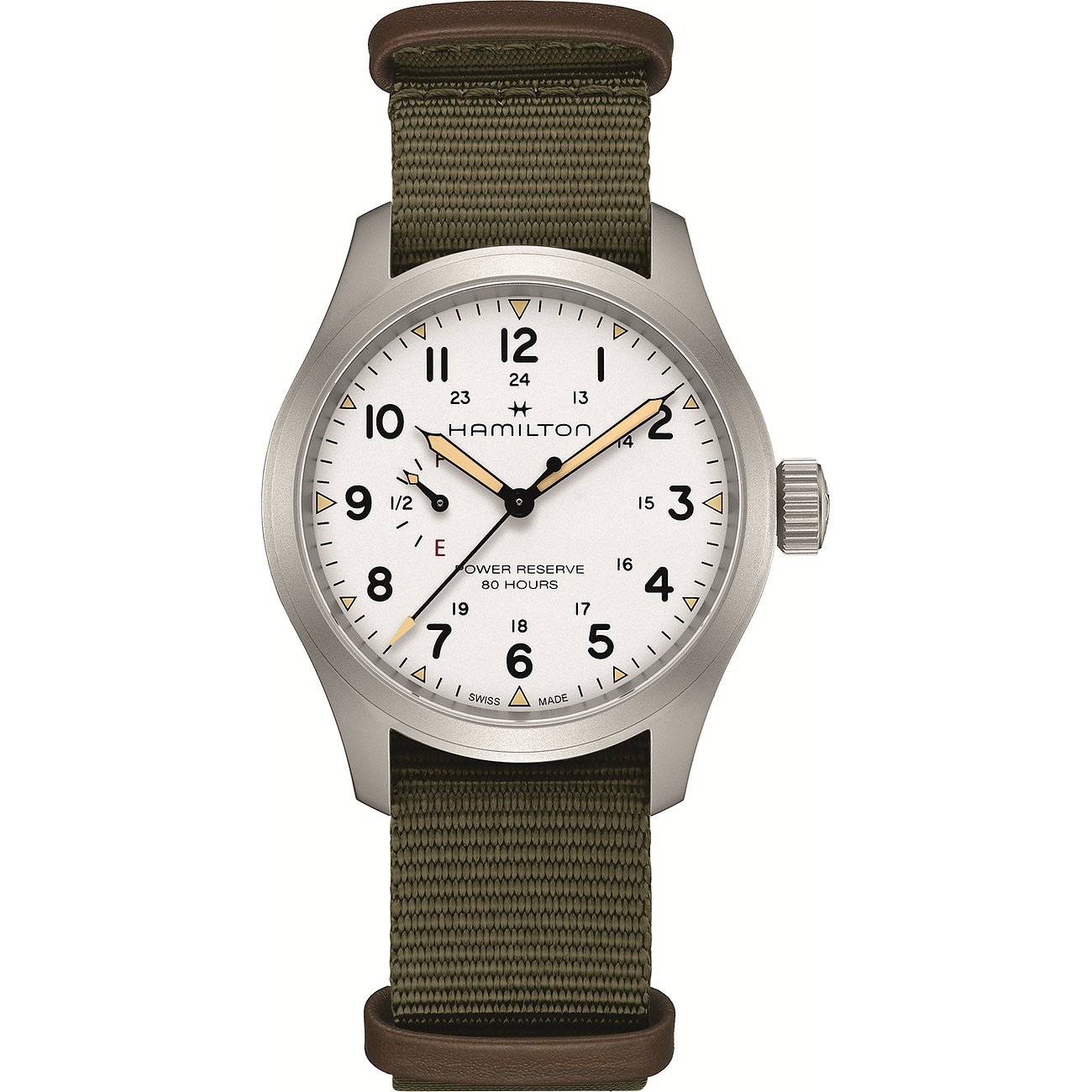 Hamilton Herrenuhr aus Edelstahl mit weißem Zifferblatt und olivgrünem Textilarmband, Vorderansicht.