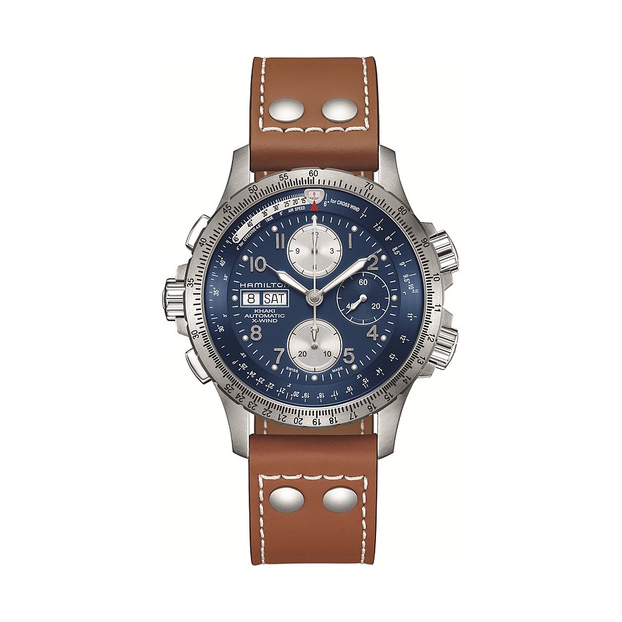 Hamilton Herrenuhr aus Edelstahl mit braunem Lederarmband und blauem Zifferblatt, von oben abgebildet.