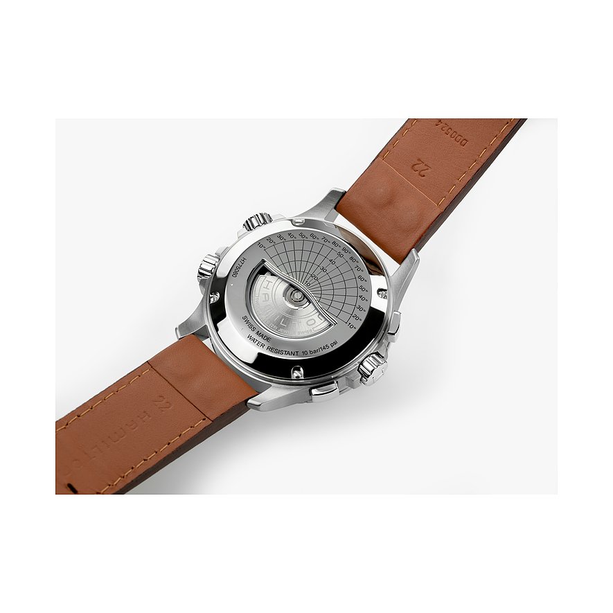Rückansicht der Hamilton Herrenuhr aus Edelstahl mit braunem Lederarmband und detailliertem Gehäuseboden.