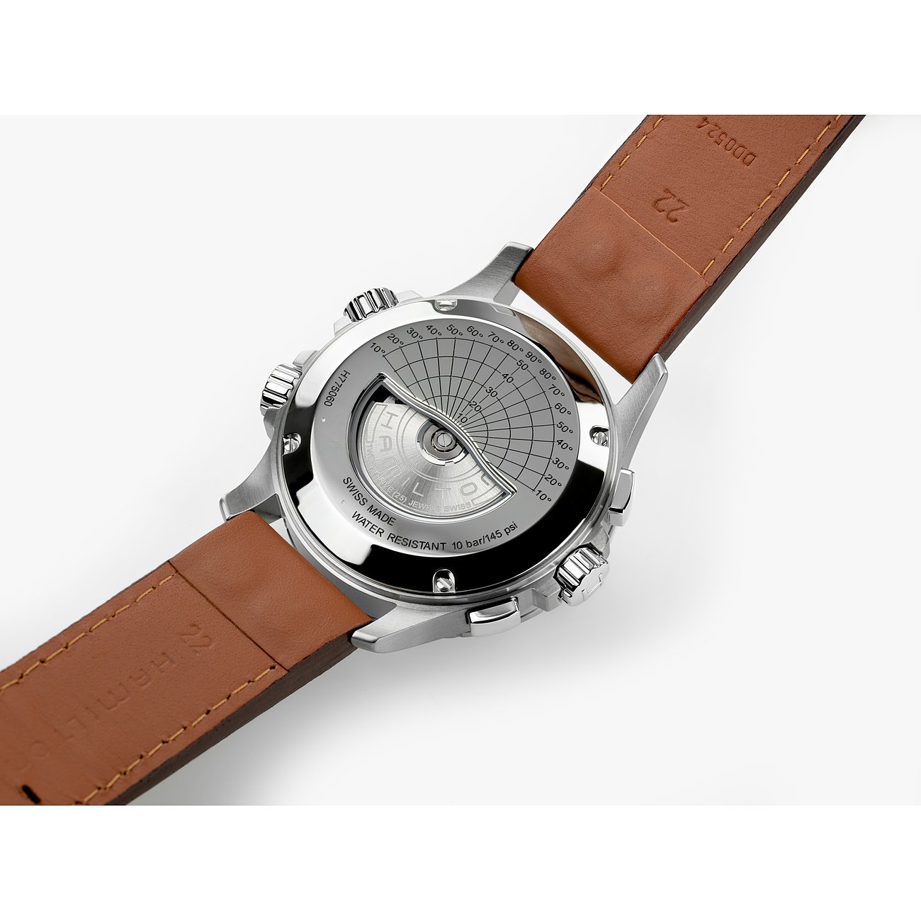 Rückansicht der Hamilton Herrenuhr aus Edelstahl mit braunem Lederarmband und detailliertem Gehäuseboden.