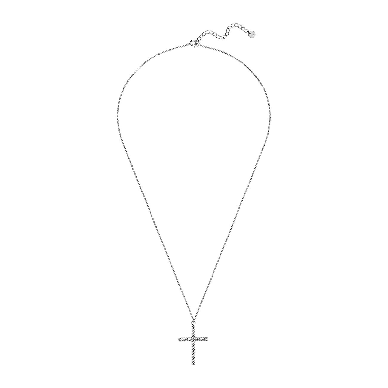 Eine Glanzstücke München Halskette aus Silber mit einem Anhänger in Kreuzform wird von vorne gezeigt.