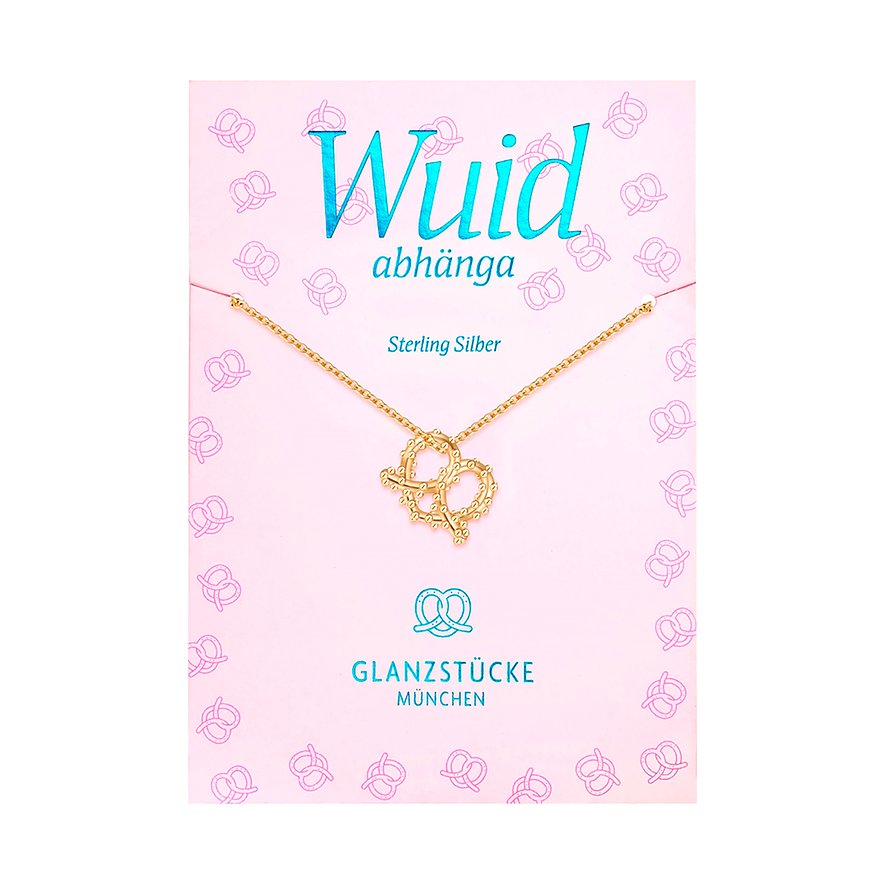 Collana Glanzstücke München in materiale color argento con ciondolo a brezel su confezione rosa.