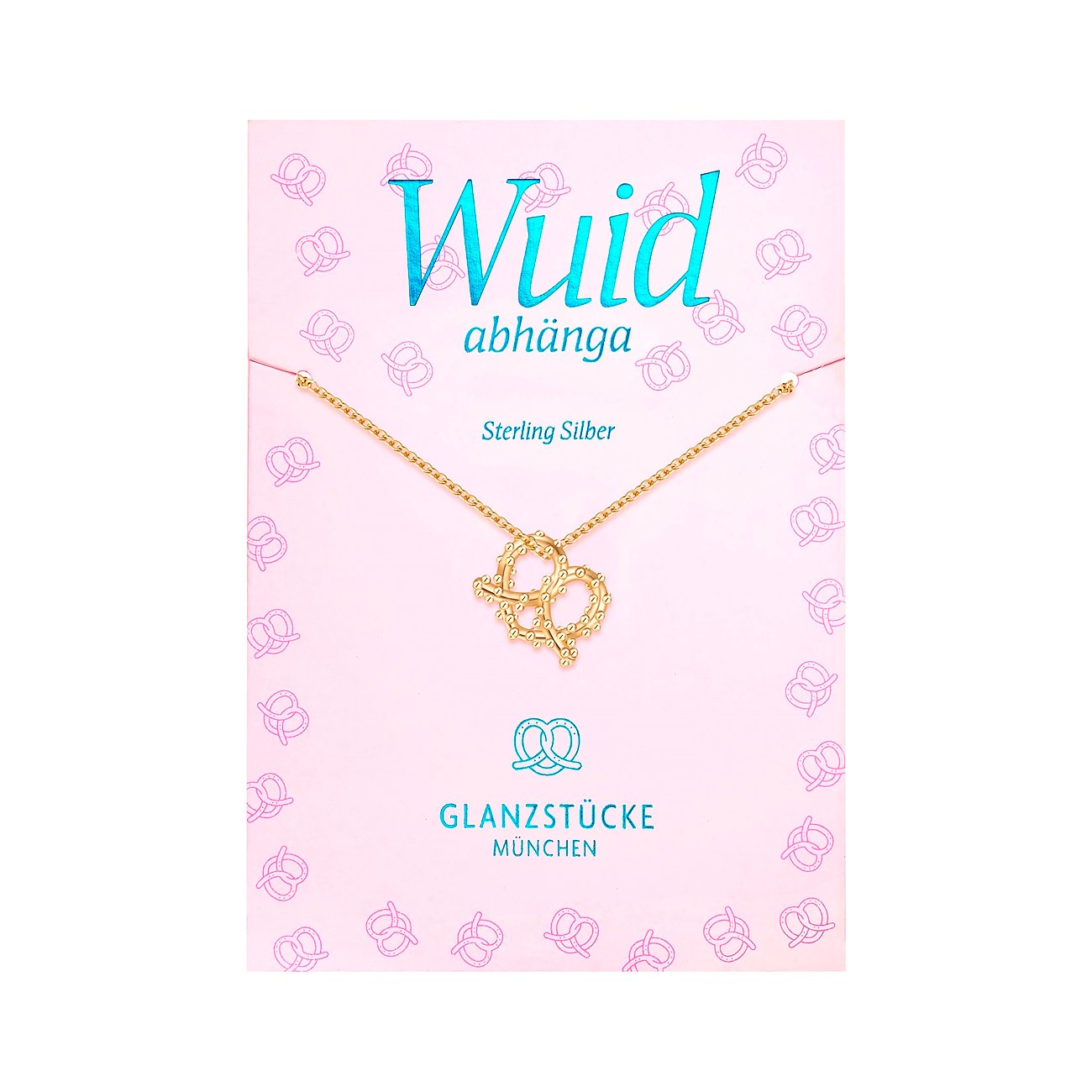 Collana Glanzstücke München in materiale color argento con ciondolo a brezel su confezione rosa.