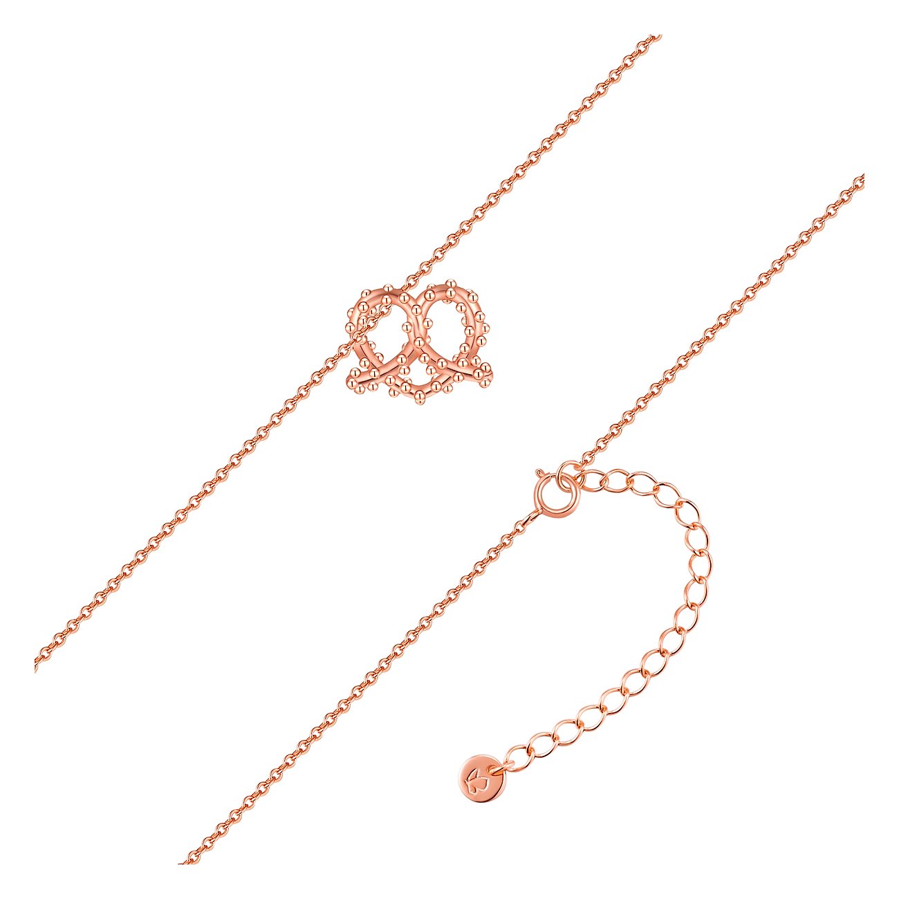 Collier Glanzstücke München en argent 925 plaqué or rose avec pendentif bretzel orné de petites perles.