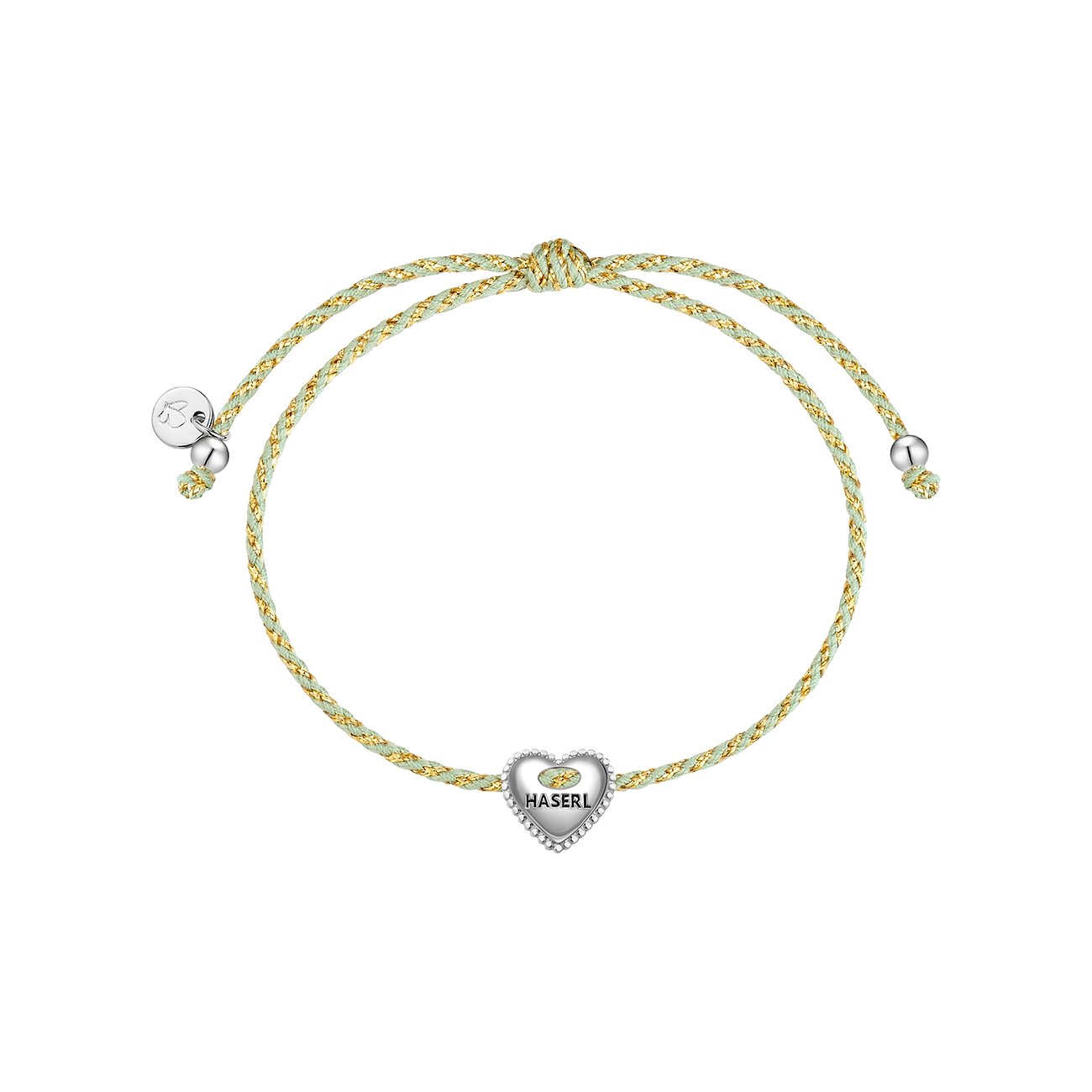 Glanzstücke München Armband aus 925er Silber mit hellgrün-goldenem Band und Herzanhänger mit „HASERL“-Gravur.