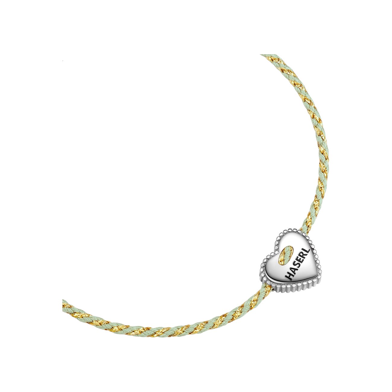 Glanzstücke München Armband: geflochtenes mintgrünes Seil, goldfarbener Faden, silberner Herzanhänger mit „HASERL“-Gravur.