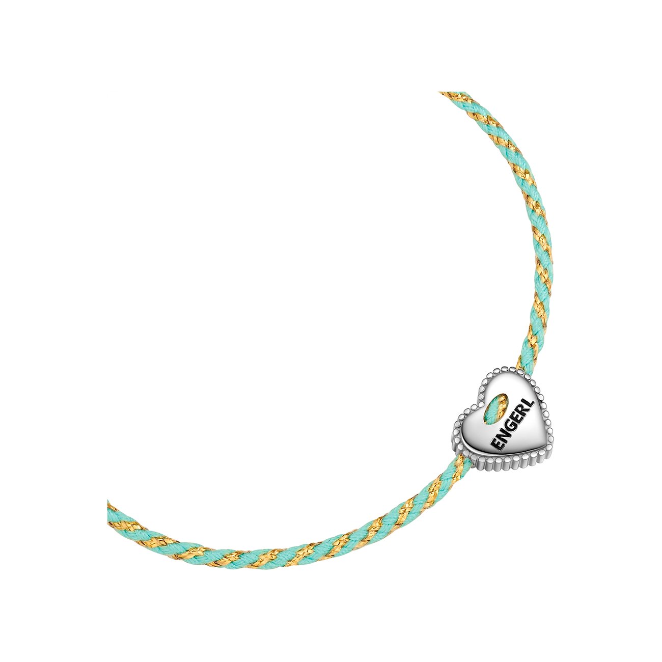 Bracelet en argent Glanzstücke München : Cordon tressé couleur menthe avec accents dorés et charm en forme de cœur.