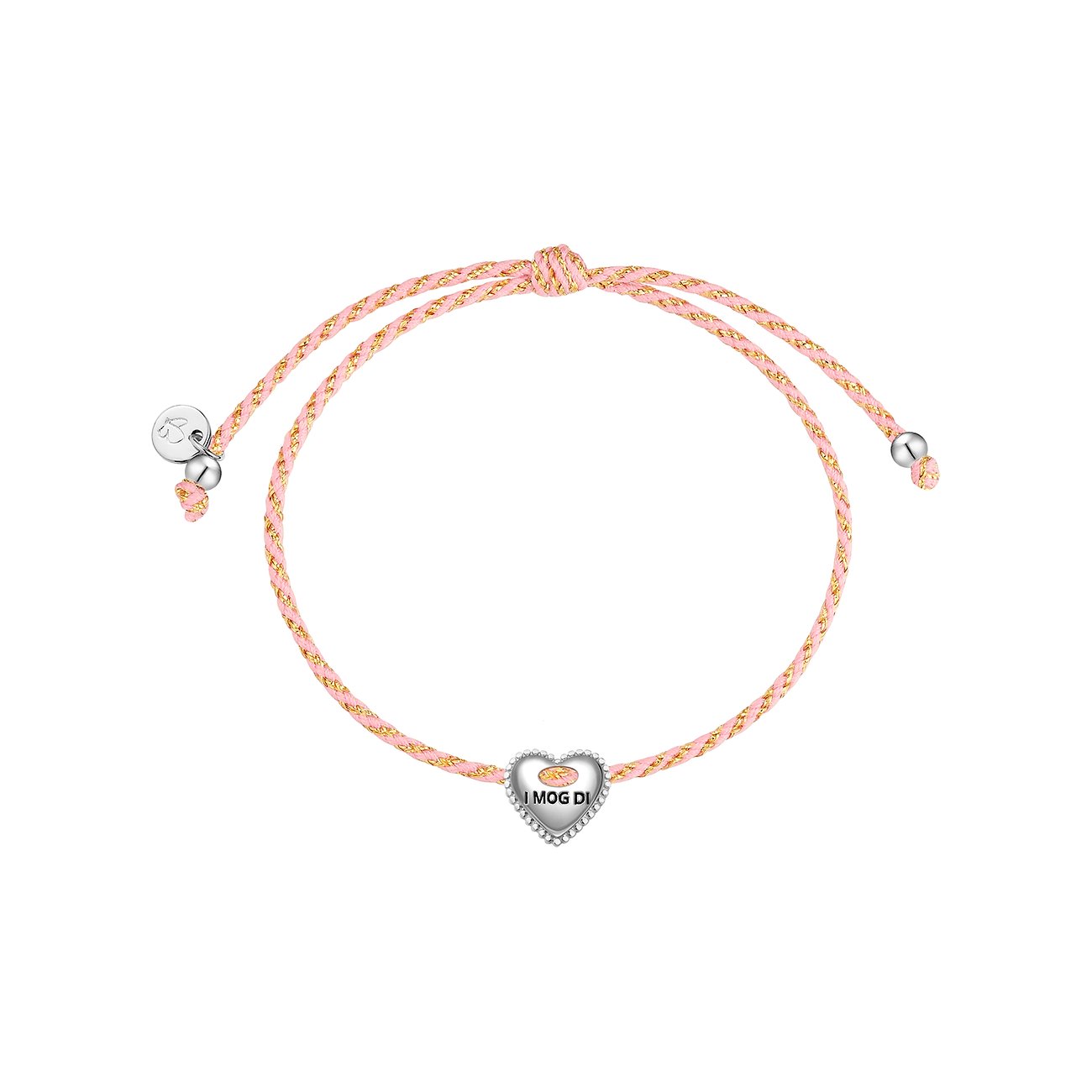 Glanzstücke München Armschmuck aus 925er Silber: rosa-goldenes Band mit einem herzförmigen Anhänger, der „I mog di“ zeigt.