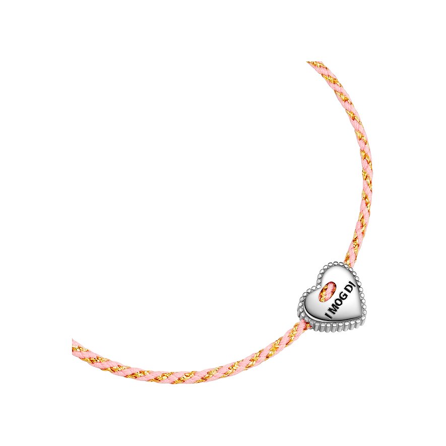 Glanzstücke München Armschmuck mit pinkfarbenem Textilband und silbernem Herz-Anhänger mit Gravur „I mog Di“.