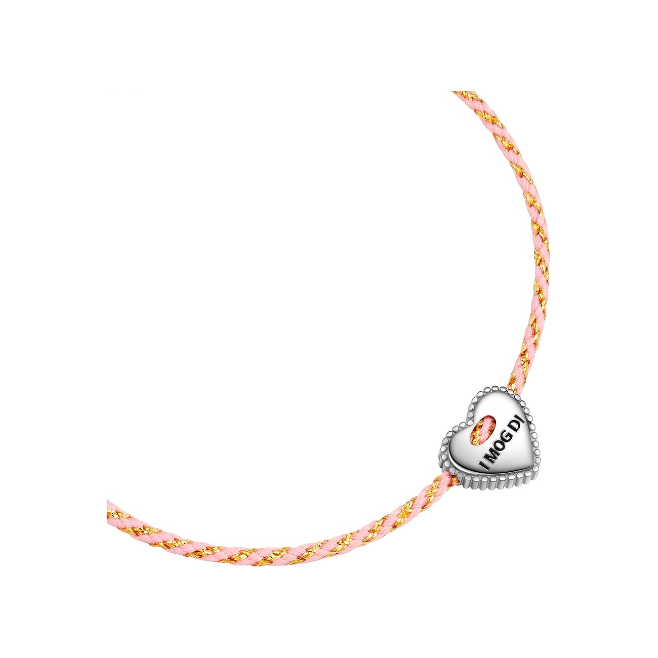 Glanzstücke München Armschmuck mit pinkfarbenem Textilband und silbernem Herz-Anhänger mit Gravur „I mog Di“.