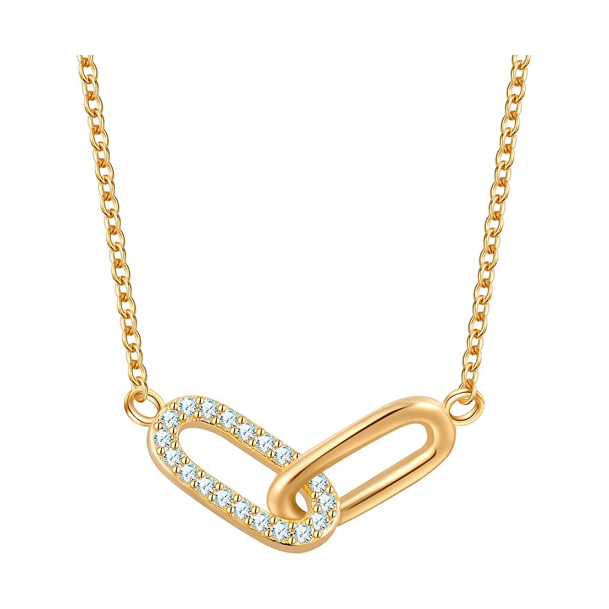 Glanzstücke München Halsschmuck aus vergoldetem Silber mit Zirkonia-besetztem Kettenglied auf weißem Grund.