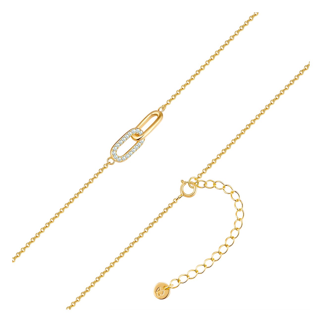 Glanzstücke München Halsschmuck aus vergoldetem Silber 925 mit Zirkonia, Nahaufnahme Detail eines Kettengliedes.