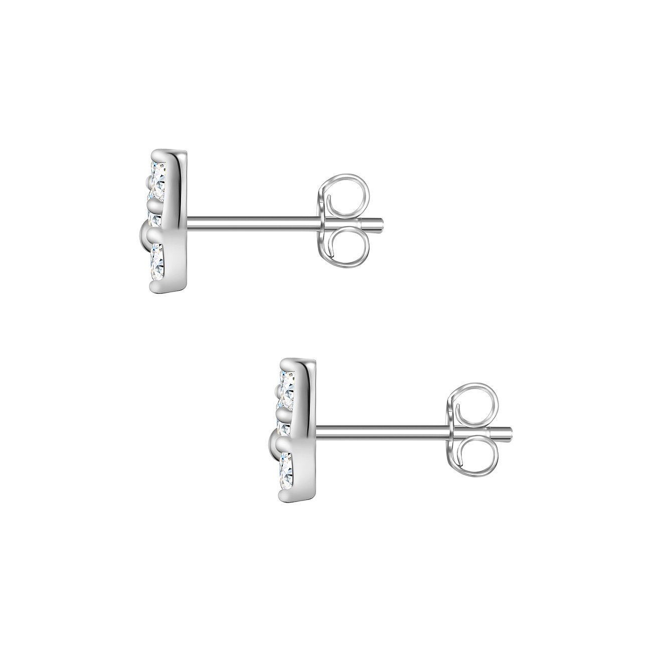 Zwei Glanzstücke München Ohrstecker aus Silber mit Zirkonia, im flachen Seitenprofil auf weißem Hintergrund.