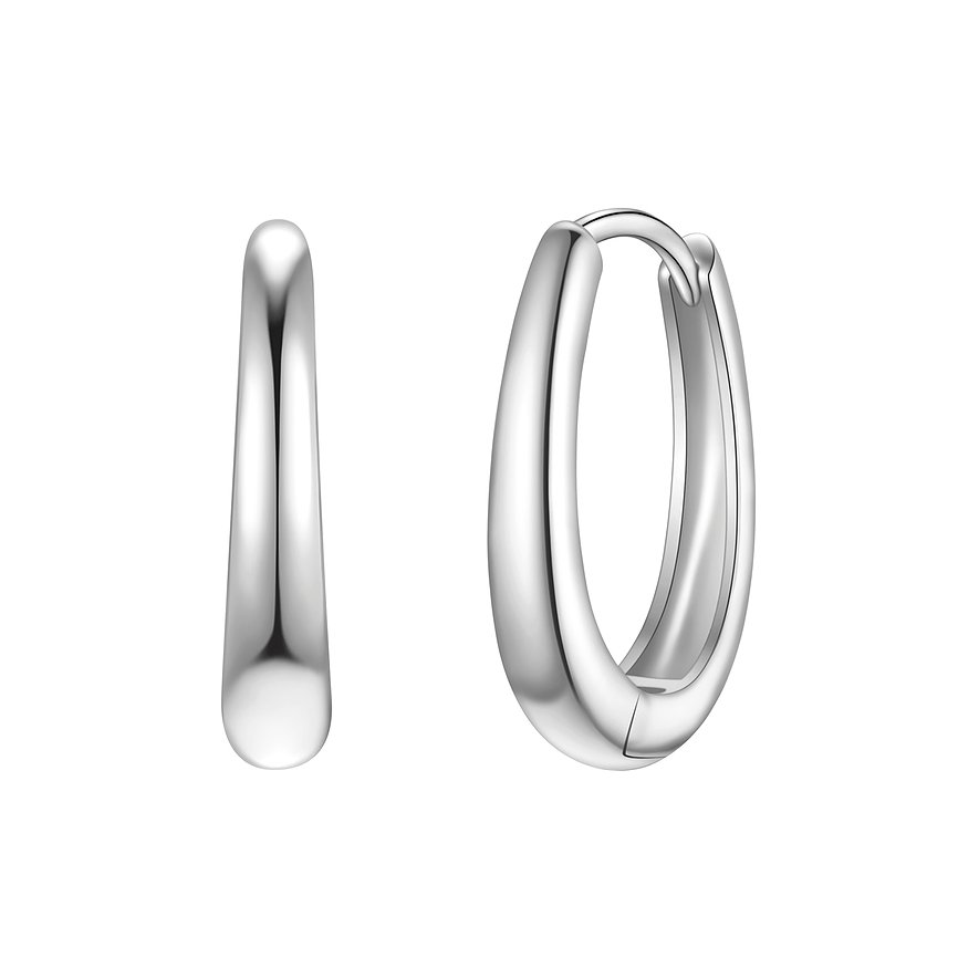 Ein Paar glänzende, ovale Ohrringe aus 925er Silber von Glanzstücke München, elegant präsentiert.