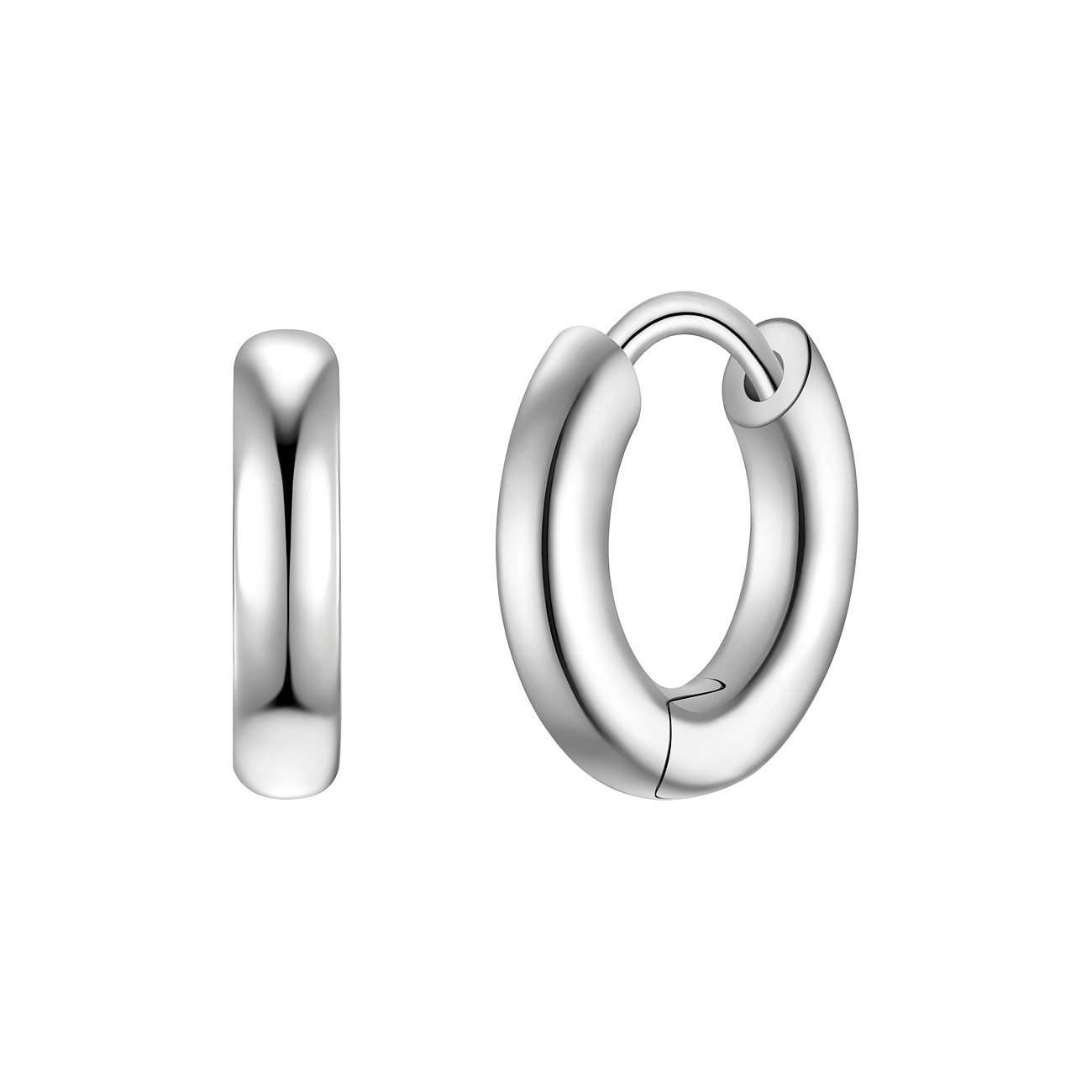 Glanzstücke München 925er Silber Ohrschmuck, ein Paar glänzende, dicke Creolen, frontal und leicht geneigt dargestellt.
