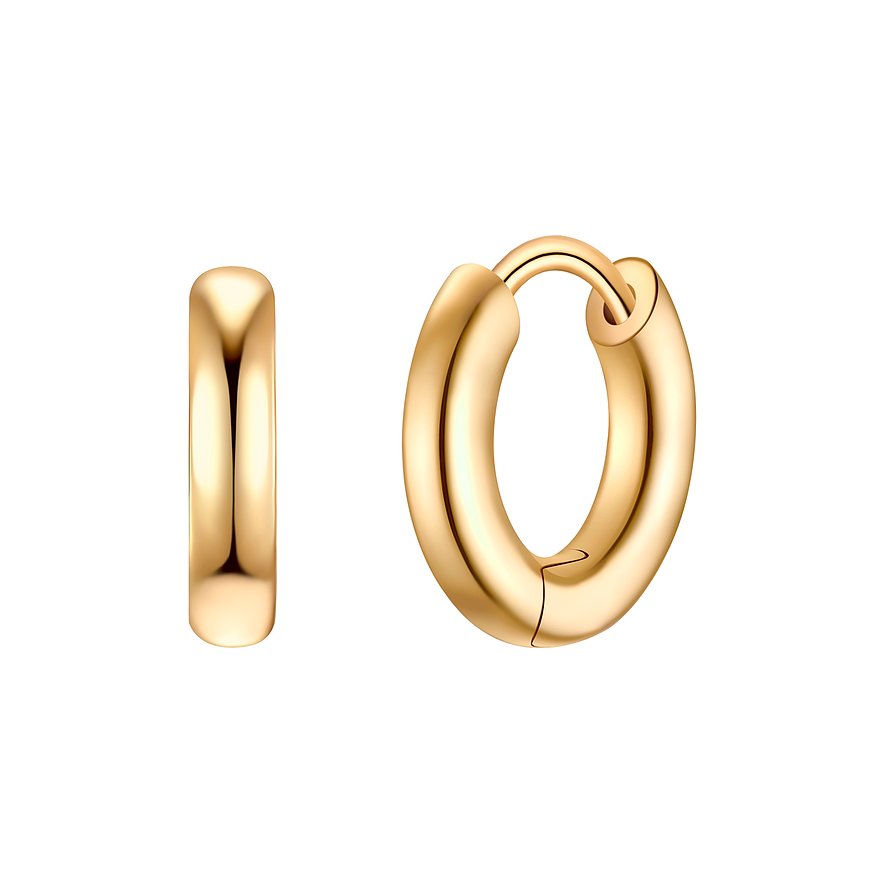 Orecchino Glanzstücke München in argento 925, ovale e lucido color oro, fotografato sdraiato di lato.