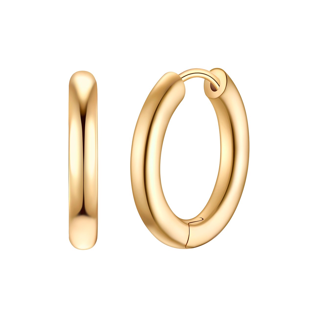 Zwei goldfarbene, glänzende Ohrringe von Glanzstücke München, aus 925er Silber, als Creolen aus der Vogelperspektive gesehen.