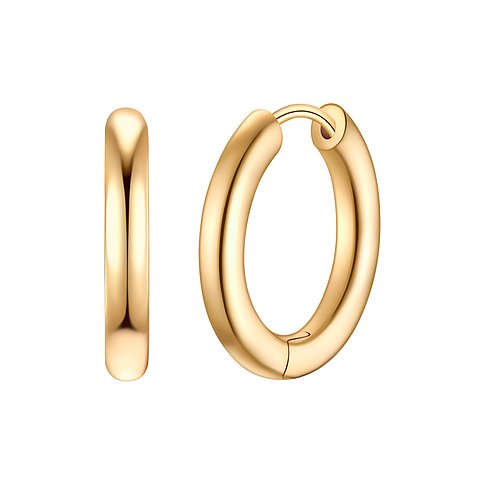 Zwei goldfarbene, glänzende Ohrringe von Glanzstücke München, aus 925er Silber, als Creolen aus der Vogelperspektive gesehen.