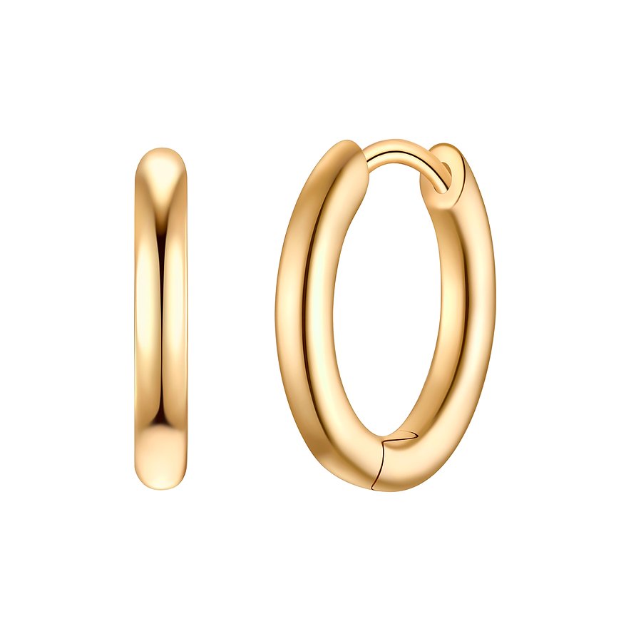 Zwei goldfarbene Creolen von Glanzstücke München aus Silber 925, eine von der Seite und eine frontal.