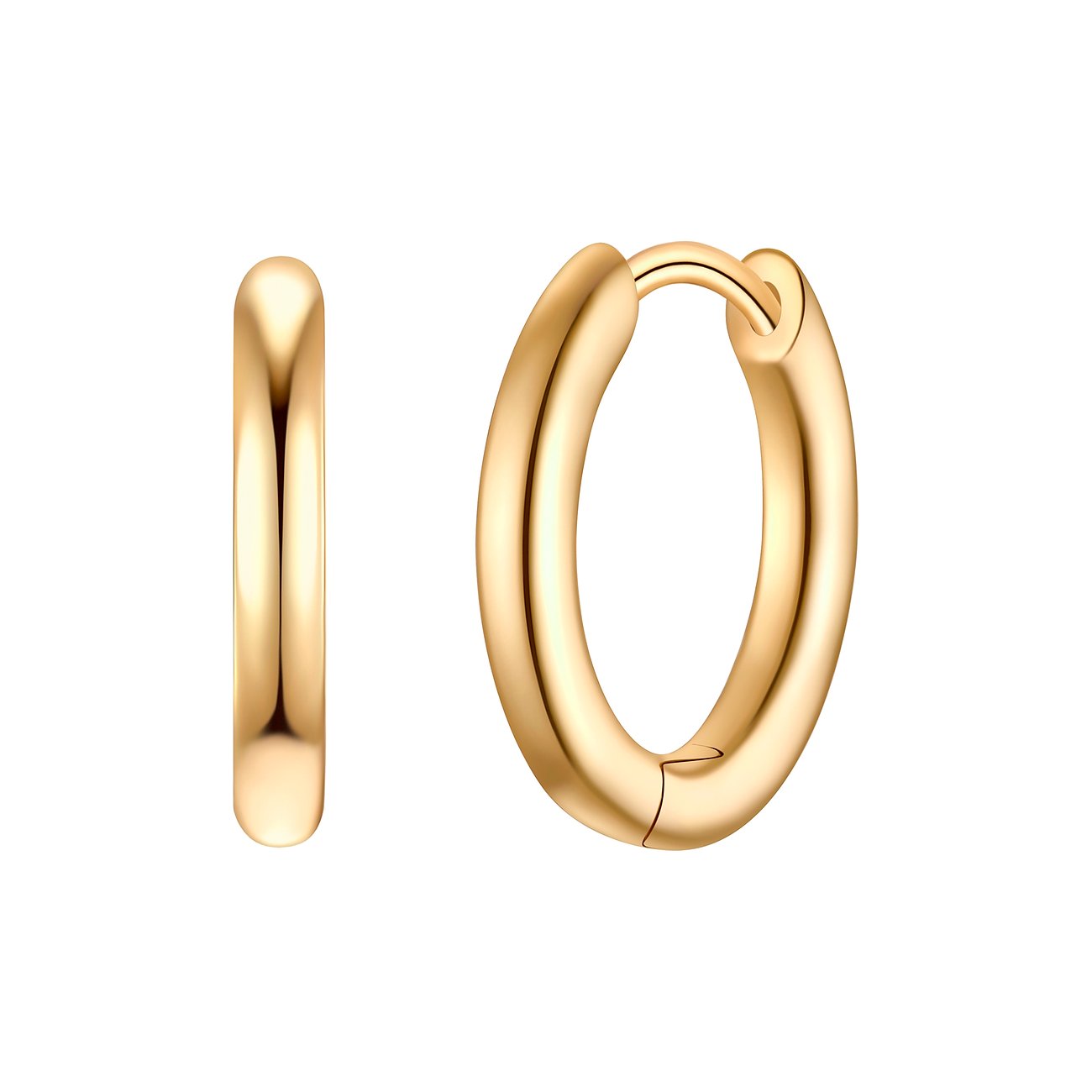 Zwei goldfarbene Creolen von Glanzstücke München aus Silber 925, eine von der Seite und eine frontal.