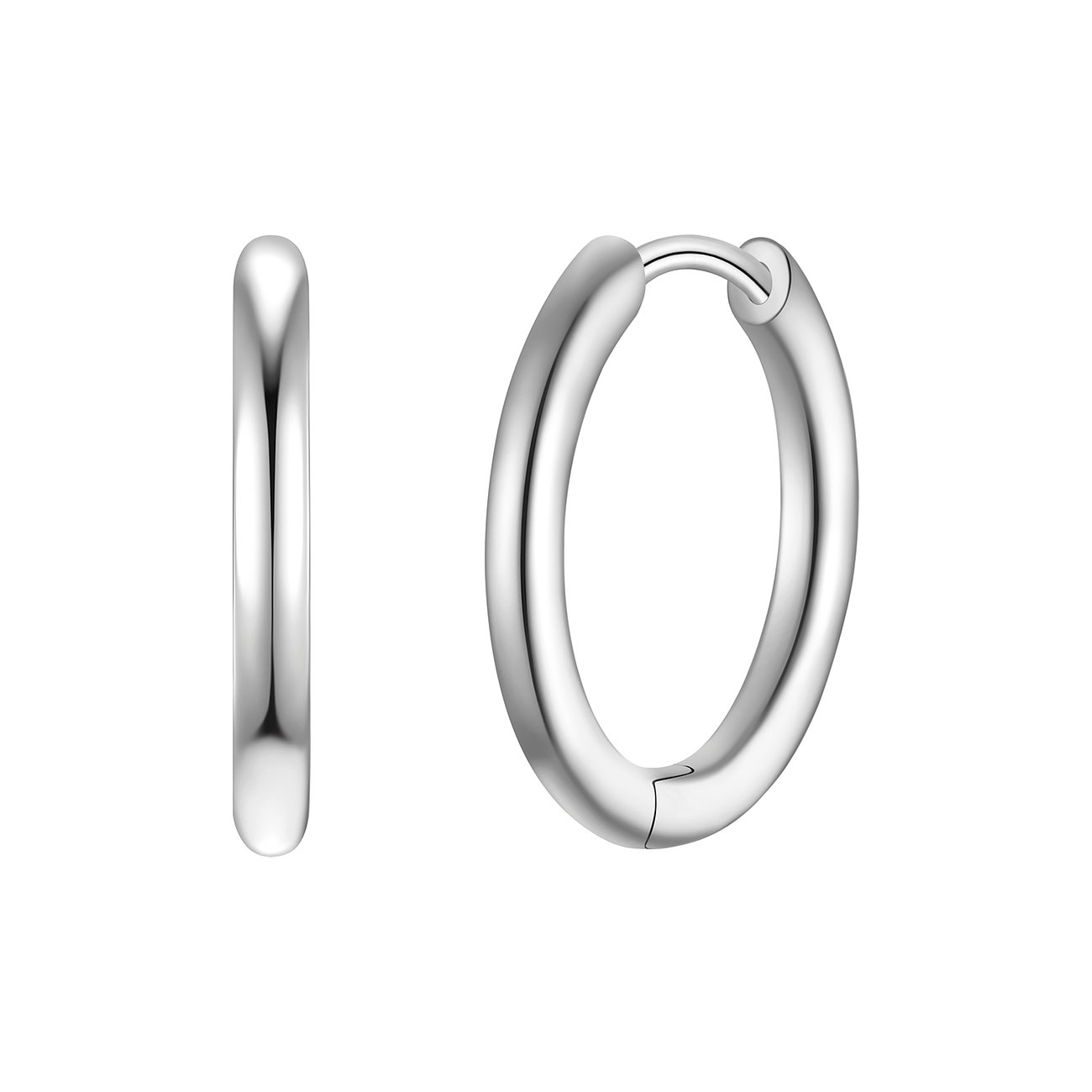 Glanzstücke München 925er Silber Ohrschmuck, ein Paar glänzende, runde Creolen vor weißem Hintergrund.