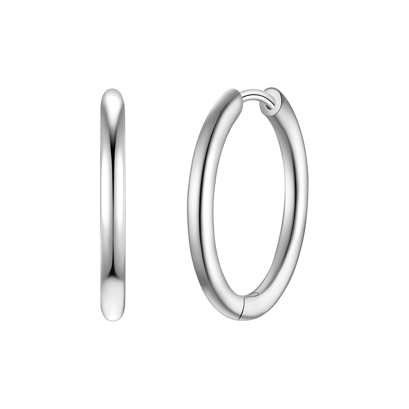 Zwei Glanzstücke München Creolen aus 925er Silber. Eine Creole ist geschlossen, die andere geöffnet, auf weißem Hintergrund.