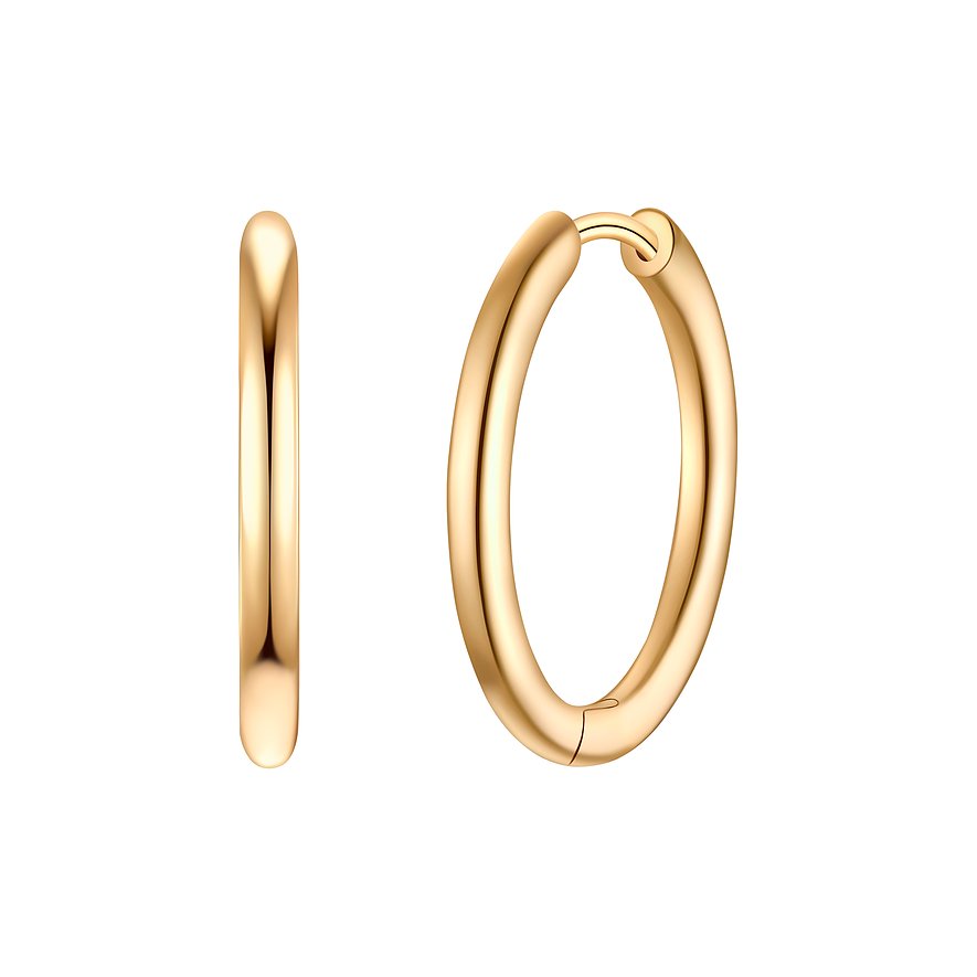 Créoles dorées Glanzstücke München en argent 925, vue de côté et légèrement de biais, sur fond blanc.