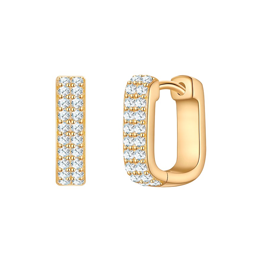 Glanzstücke München 925er Silberohrringe, goldfarben beschichtet, mit zwei Reihen funkelnder Zirkonia-Farbsteine.