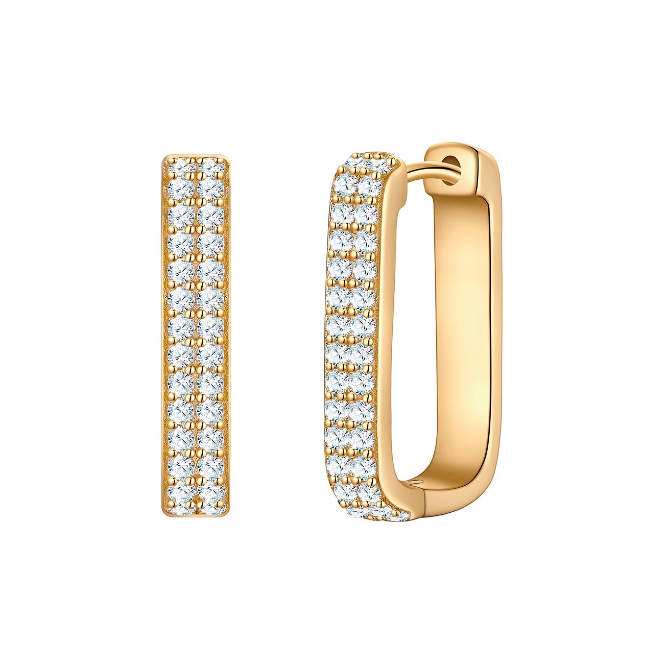 Glanzstücke München Ohrschmuck: vergoldetes Silber, rechteckige Bügel mit zwei Reihen Zirkonia-Steinen verziert.