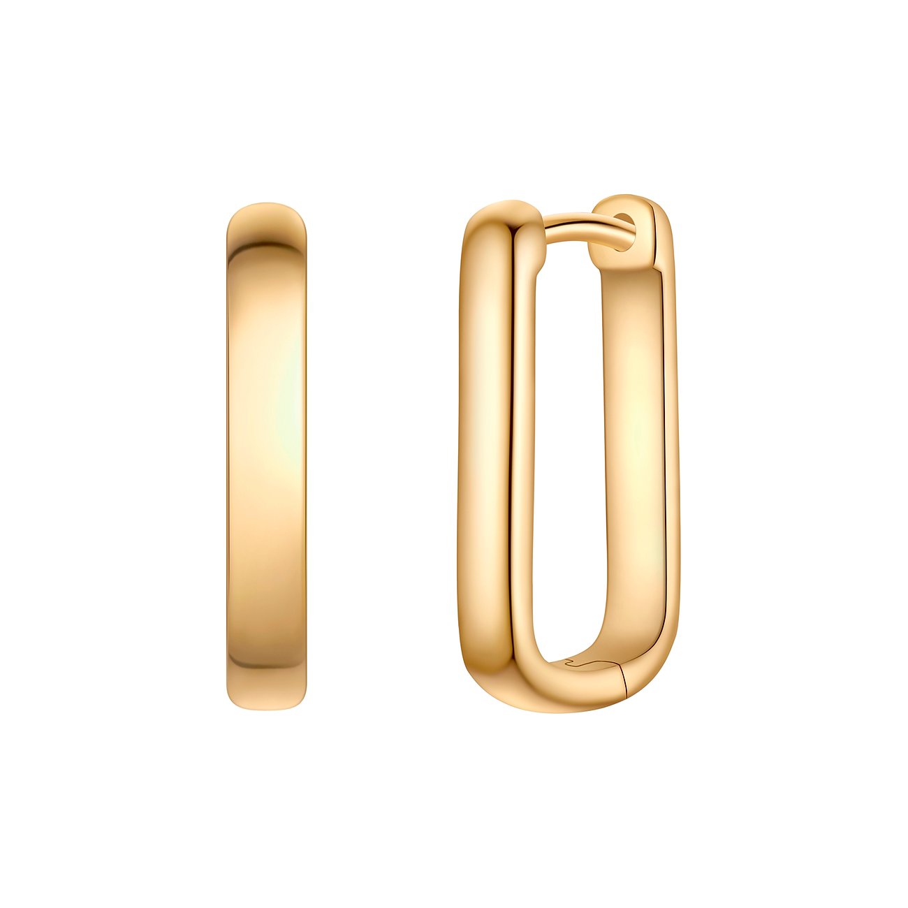 Glanzstücke München boucles d'oreilles: deux créoles rectangulaires dorées en argent 925, vues de côté, hautement polies.