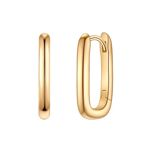 Une paire de créoles Glanzstücke München dorées en argent 925, de forme rectangulaire arrondie, sur fond blanc.