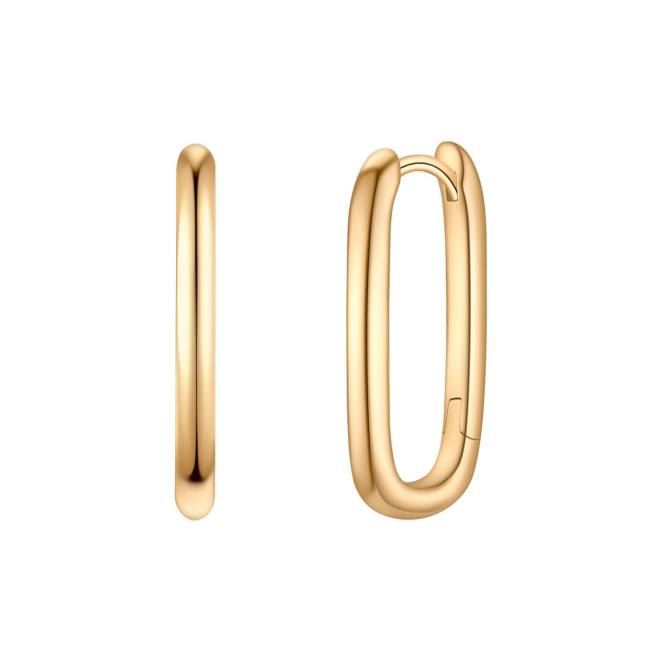Une paire de boucles d'oreilles Glanzstücke München dorées en argent 925, de forme allongée, sur fond blanc.