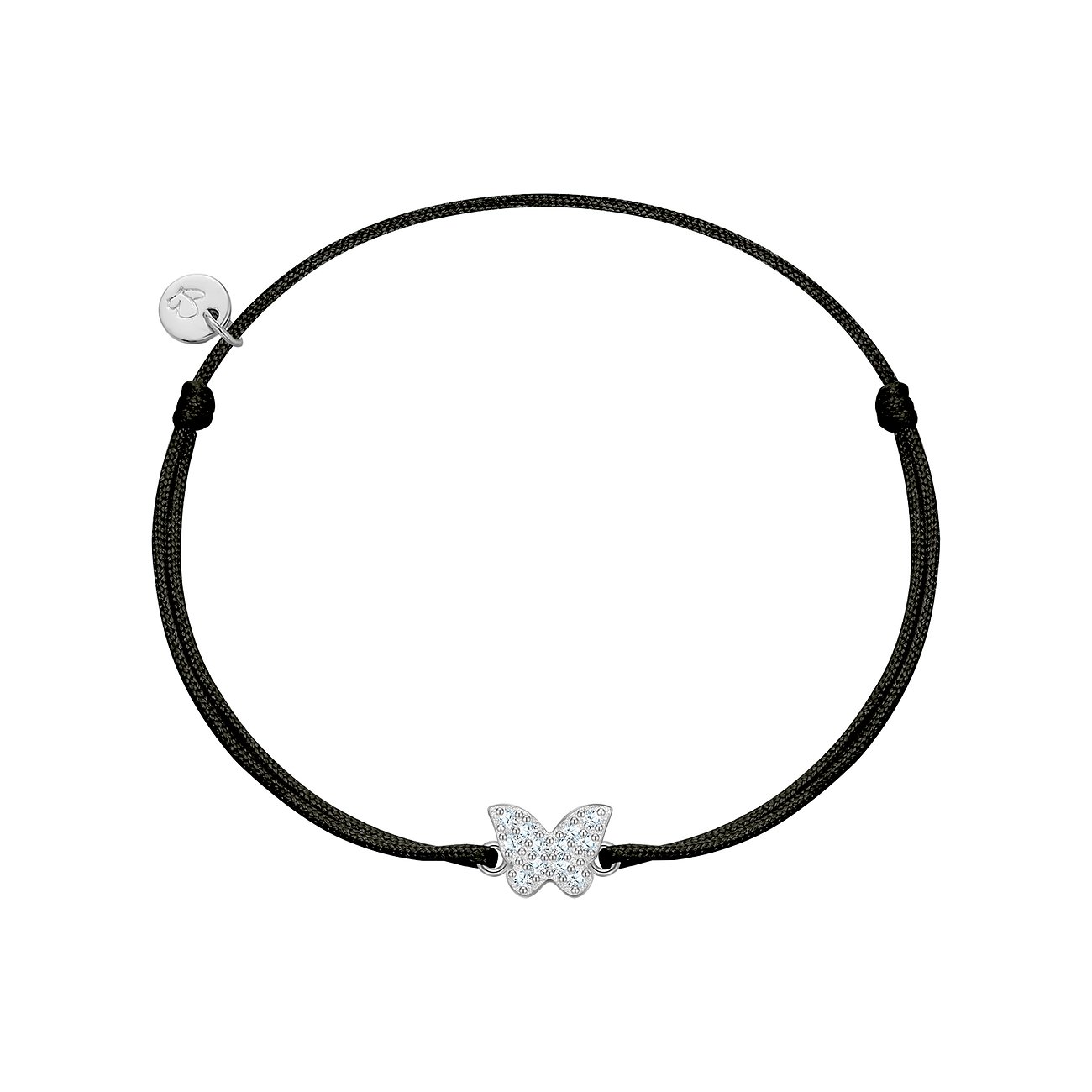 Bracelet Glanzstücke München noir en argent avec pendentif papillon, orné de zircones scintillantes colorées.